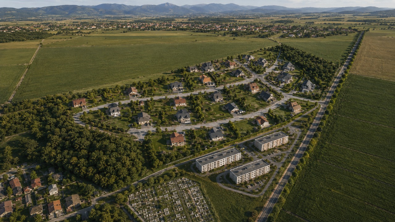 Letecký pohľad na lokalitu s horami na obzore